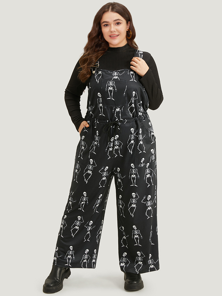 

Plus Size Black Halloween Skull Print Pocket Ties Cami Jumpsuit Women Casual Sleeveless Spaghetti Strap Festival-Halloween Loose Jumpsuits BloomChic