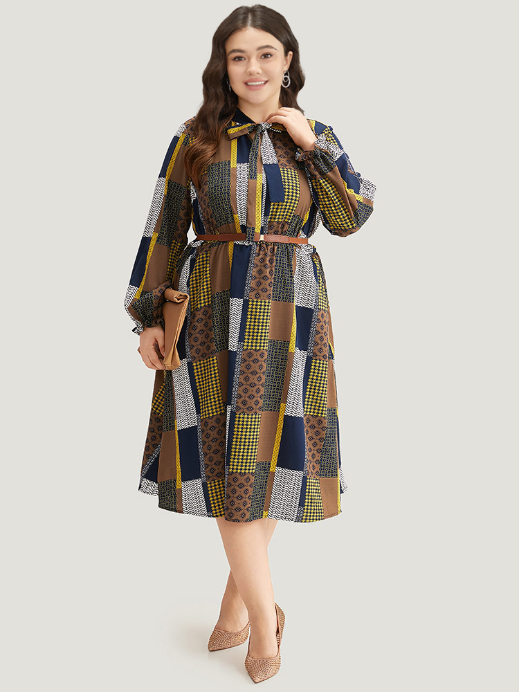 Plus Size Colorblock Patchwork Lantern Sleeve Knot Dress Multicolor Women Office Cross straps Tie Neck Long Sleeve Curvy Midi Dress BloomChic 14-16/1X 