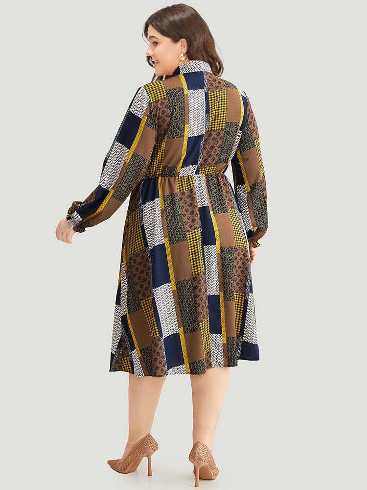Plus Size Colorblock Patchwork Lantern Sleeve Knot Dress Multicolor Women Office Cross straps Tie Neck Long Sleeve Curvy Midi Dress BloomChic 14-16/1X 