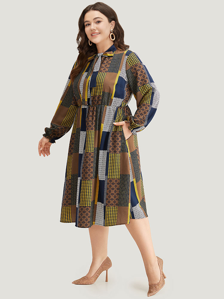Plus Size Colorblock Patchwork Lantern Sleeve Knot Dress Multicolor Women Office Cross straps Tie Neck Long Sleeve Curvy Midi Dress BloomChic 14-16/1X 