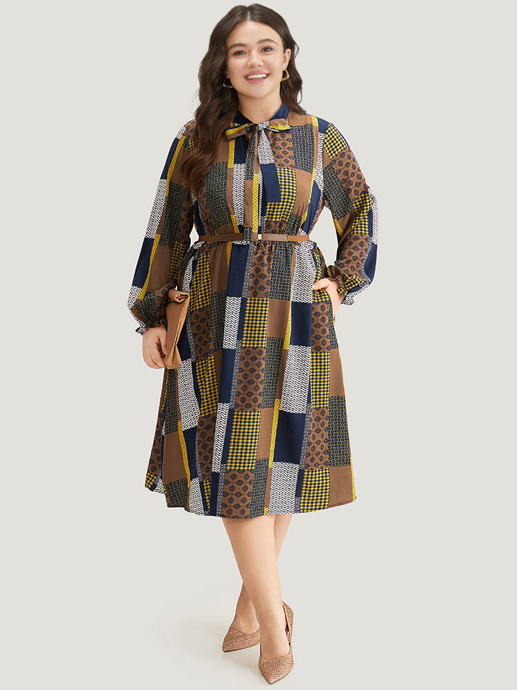 

Plus Size Colorblock Patchwork Lantern Sleeve Knot Dress Multicolor Women Office Cross straps Tie Neck Long Sleeve Curvy Midi Dress BloomChic