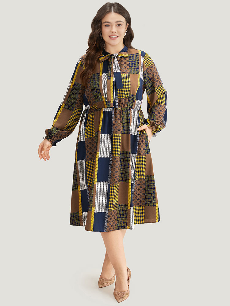 

Plus Size Colorblock Patchwork Lantern Sleeve Knot Dress Multicolor Women Office Cross straps Tie Neck Long Sleeve Curvy Midi Dress BloomChic