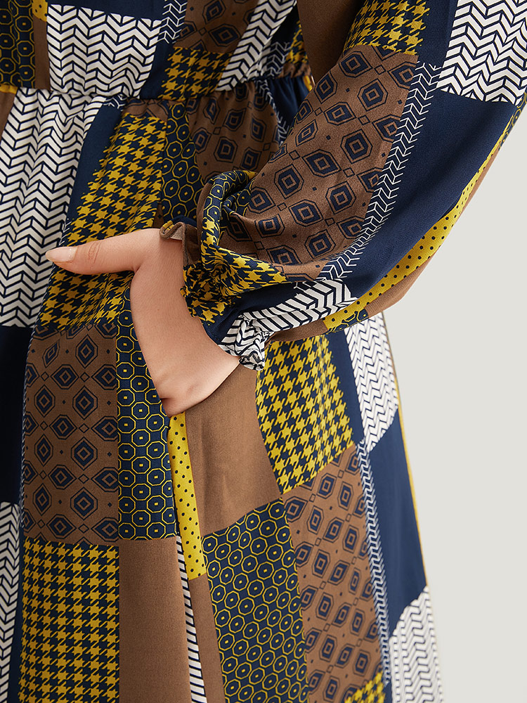 Plus Size Colorblock Patchwork Lantern Sleeve Knot Dress Multicolor Women Office Cross straps Tie Neck Long Sleeve Curvy Midi Dress BloomChic 14-16/1X 
