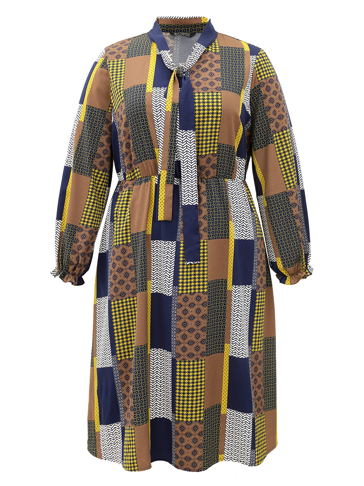 Plus Size Colorblock Patchwork Lantern Sleeve Knot Dress Multicolor Women Office Cross straps Tie Neck Long Sleeve Curvy Midi Dress BloomChic 14-16/1X 