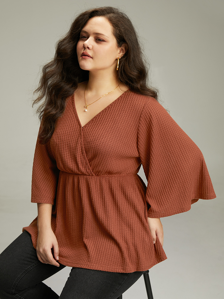 

Solid Waffle Knit Wrap Flutter Sleeve T-shirt, Rust