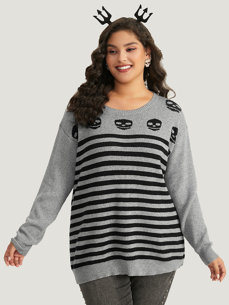 BloomChic Women's Plus Size Halloween Supersoft Essentials Skull Print Striped Round Neck Pullover DarkGray Graphic-Halloween Long Sleeve 12/L