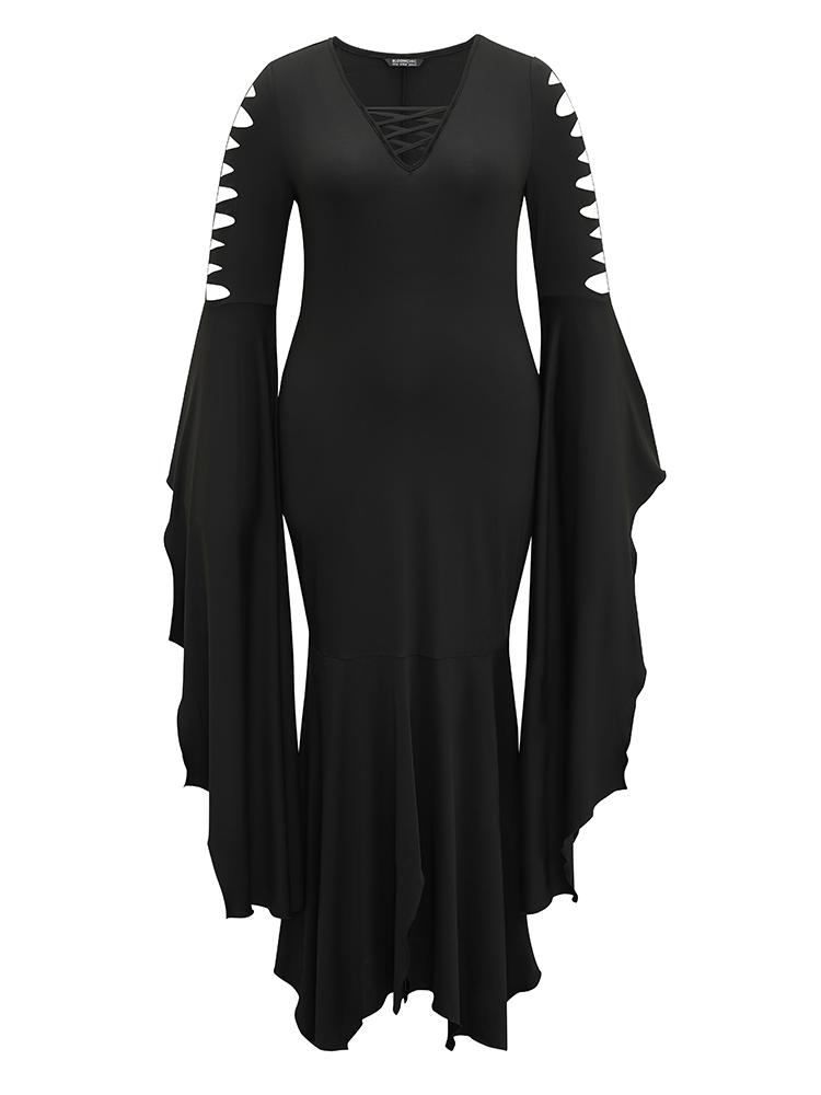 

Plus Size Halloween Ripped Extra Long Sleeve Dress Black Women Elegant Plain V-neck Extra Long Sleeve Curvy Maxi Dress BloomChic