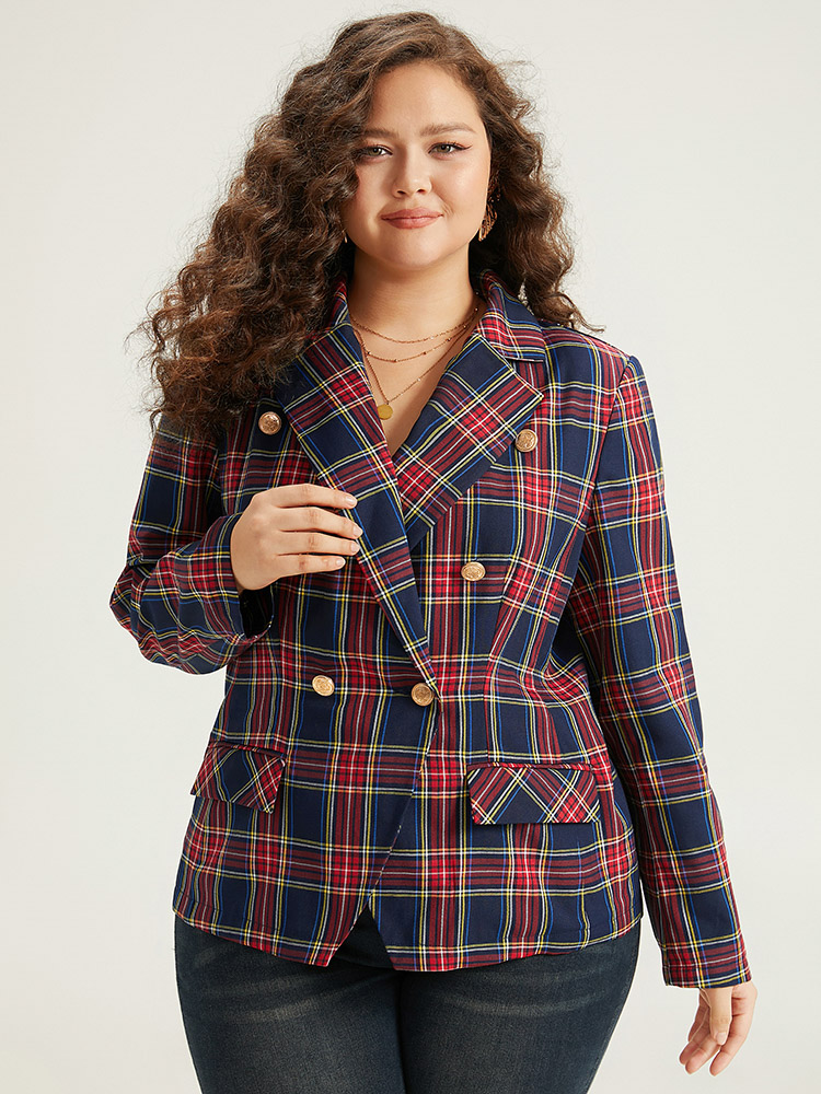 Plus Size Women Dailywear Plaid Button Regular Sleeve Long Sleeve Suit Collar Pocket Casual Blazers BloomChic 