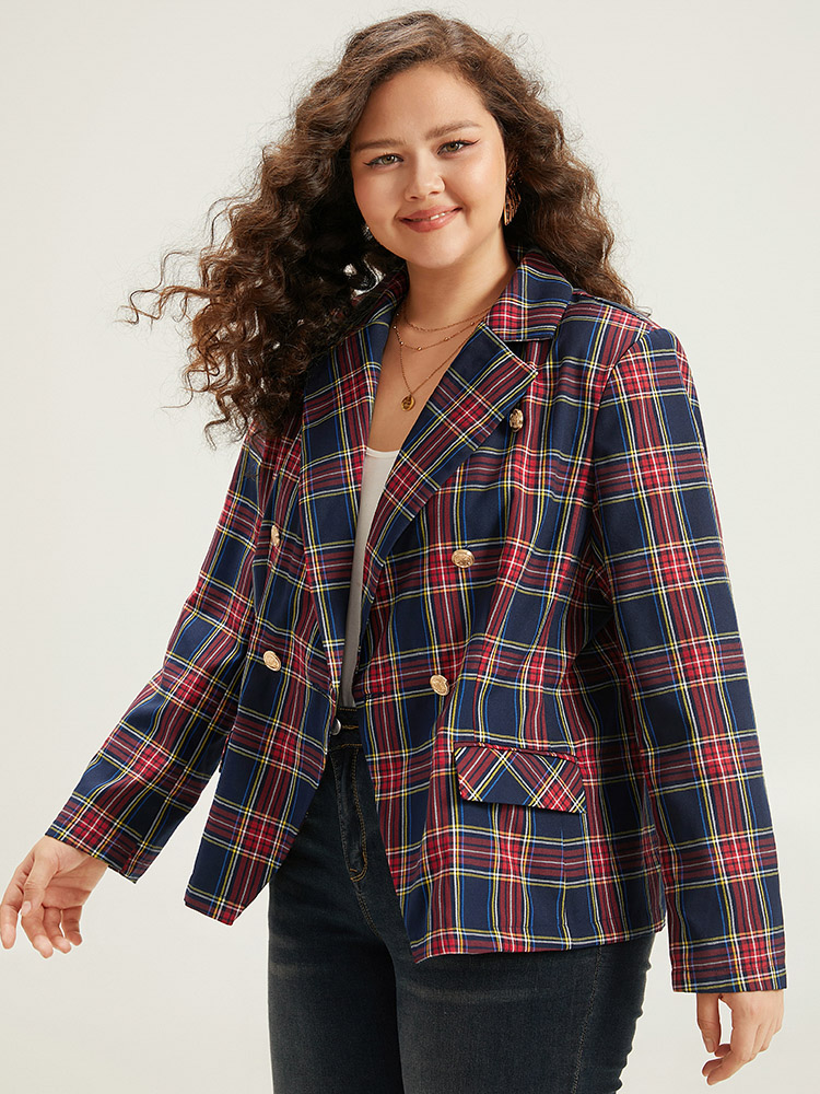 Plus Size Women Dailywear Plaid Button Regular Sleeve Long Sleeve Suit Collar Pocket Casual Blazers BloomChic 
