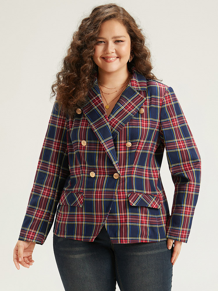 Plus Size Women Dailywear Plaid Button Regular Sleeve Long Sleeve Suit Collar Pocket Casual Blazers BloomChic 