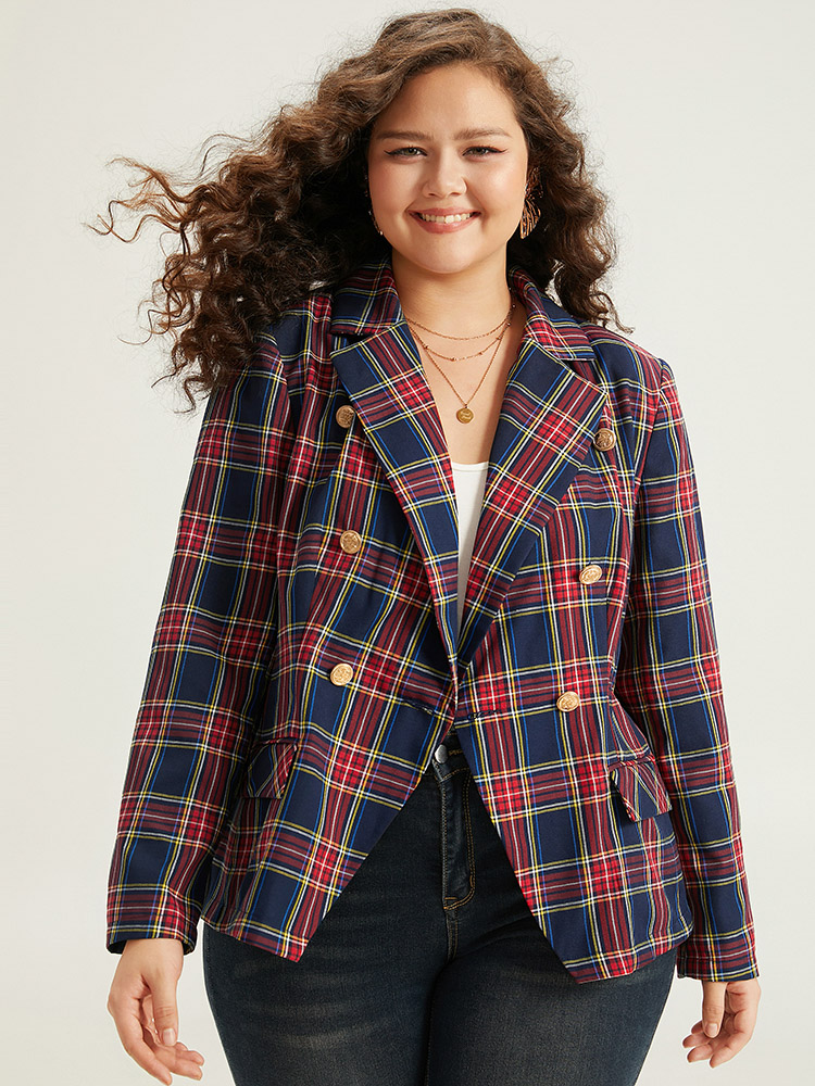 Plus Size Women Dailywear Plaid Button Regular Sleeve Long Sleeve Suit Collar Pocket Casual Blazers BloomChic 