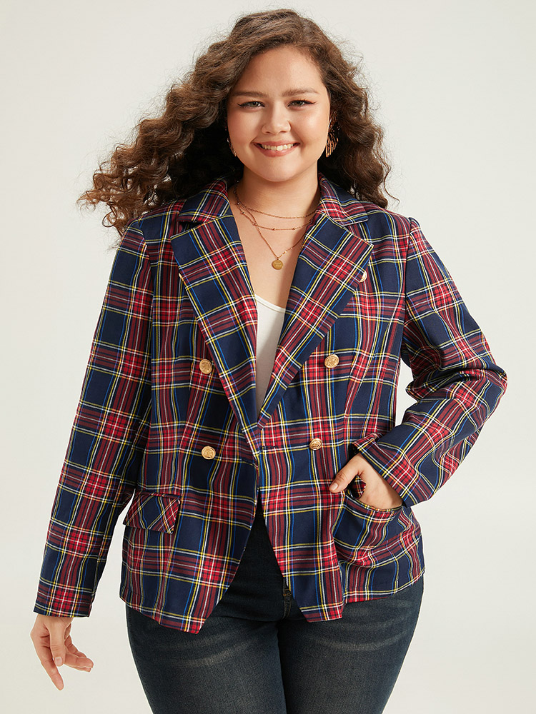 Plus Size Women Dailywear Plaid Button Regular Sleeve Long Sleeve Suit Collar Pocket Casual Blazers BloomChic 