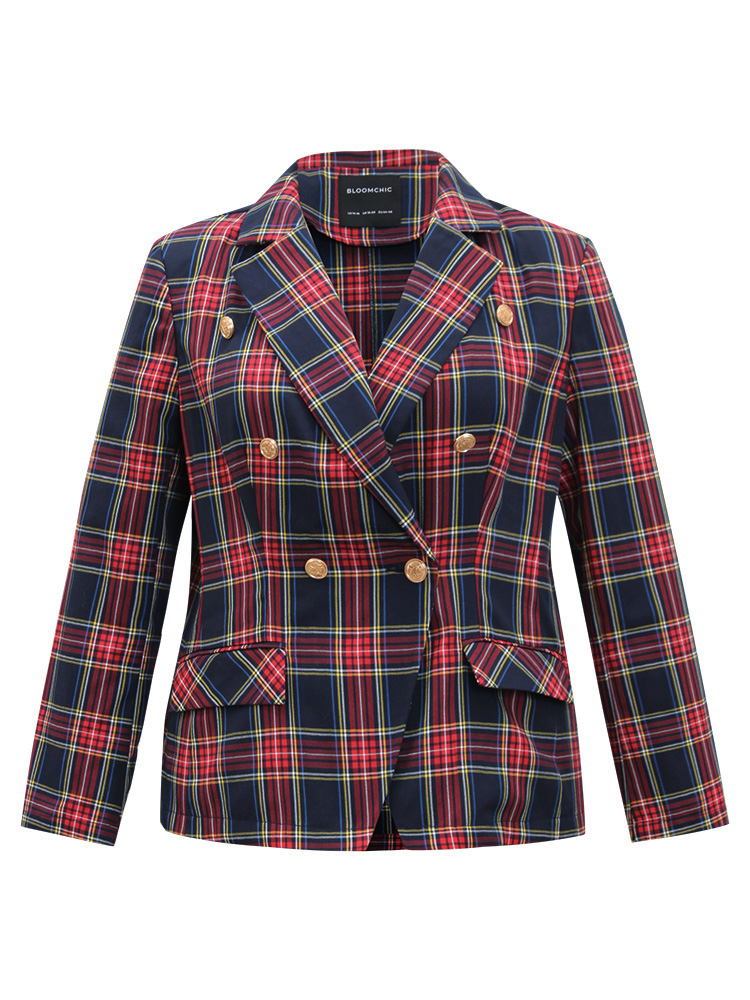 Plus Size Women Dailywear Plaid Button Regular Sleeve Long Sleeve Suit Collar Pocket Casual Blazers BloomChic 