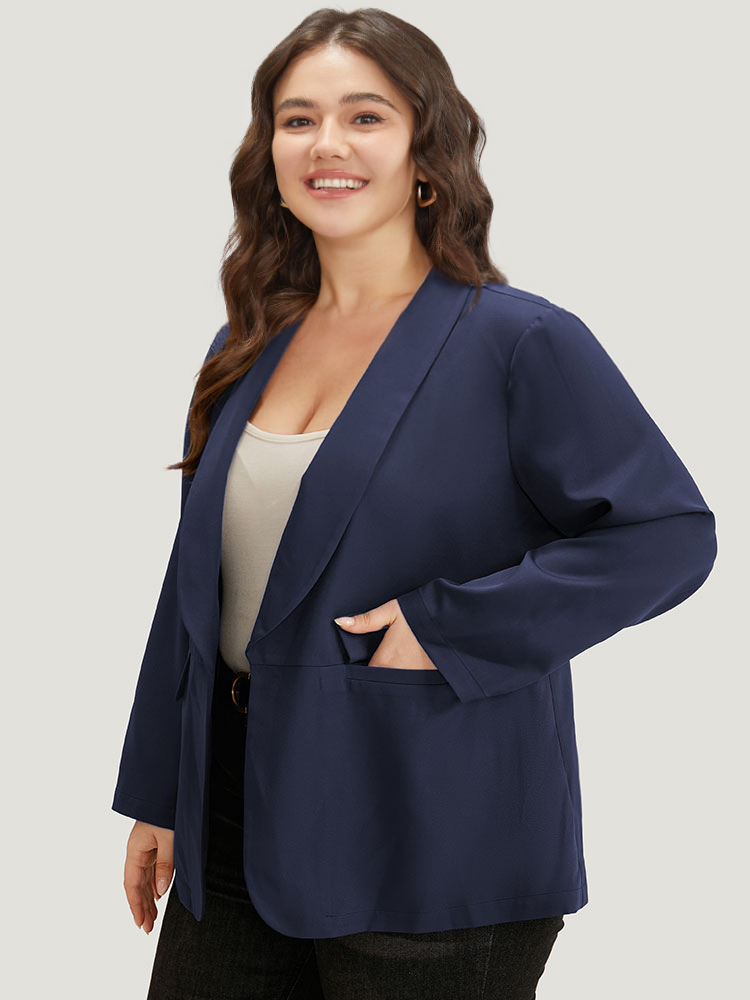 

Plus Size Solid Pocket Suit Collar Blazer DarkBlue Women Dailywear Plain Gathered Sleeve Long Sleeve Suit Collar  Pocket Casual Blazers BloomChic