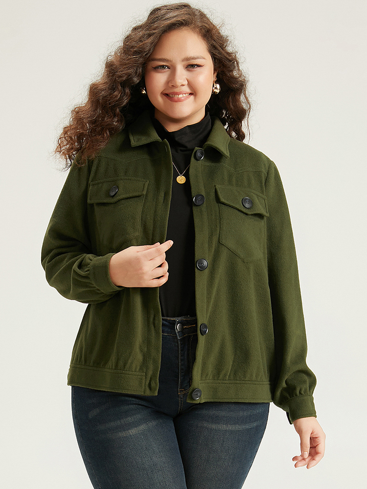 

Plus Size Plain Pocket Button Up Shacket Women ArmyGreen Plain Pocket Everyday Jackets BloomChic