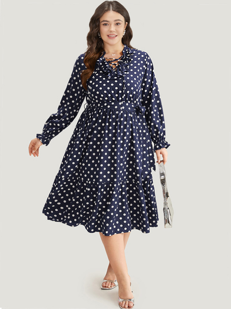 

Plus Size Polka Dot Ruffle Trim Belted Lace Up Dress Indigo Women Office Belted Tie Neck Long Sleeve Curvy Midi Dress BloomChic