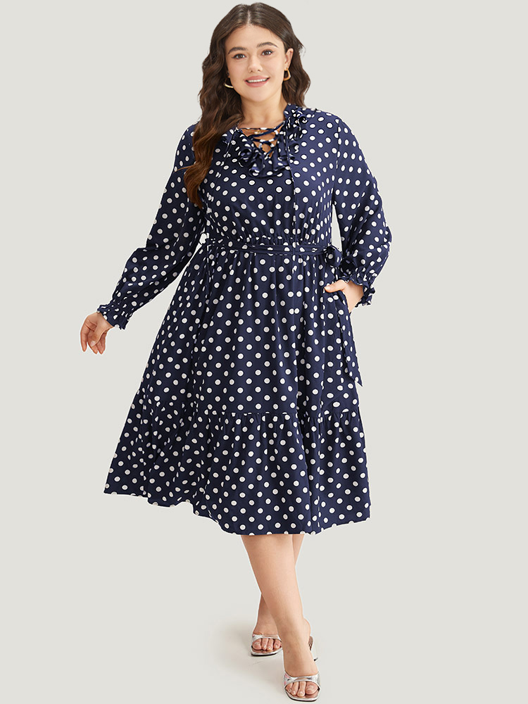 

Plus Size Polka Dot Ruffle Trim Belted Lace Up Dress Indigo Women Office Belted Tie Neck Long Sleeve Curvy Midi Dress BloomChic