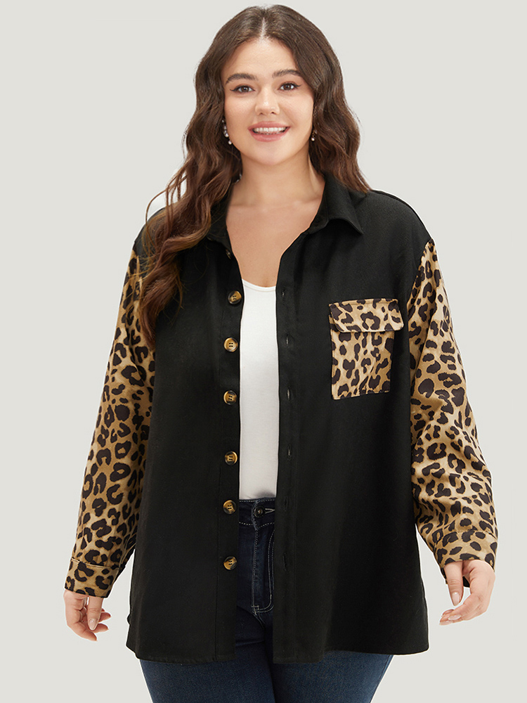 Plus Size Women Dailywear Leopard Contrast Pocket Casual Coats BloomChic 