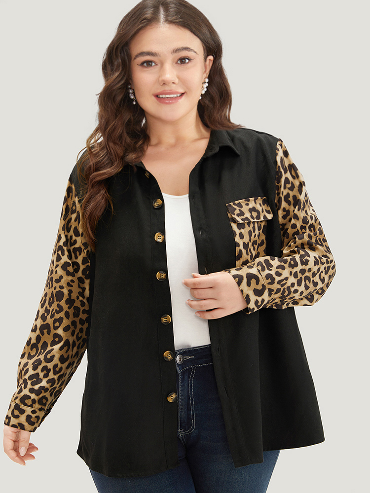 Plus Size Women Dailywear Leopard Contrast Pocket Casual Coats BloomChic 