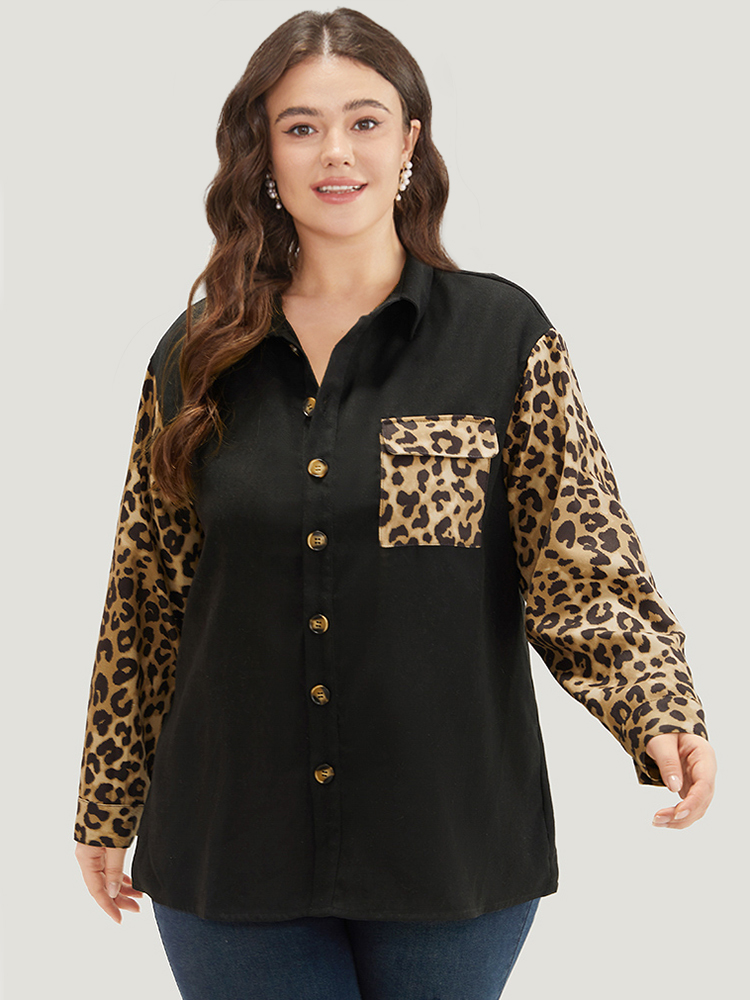 

Plus Size Leopard Patchwork Contrast Button Up Coat Women Black Contrast Pocket Dailywear Jackets BloomChic