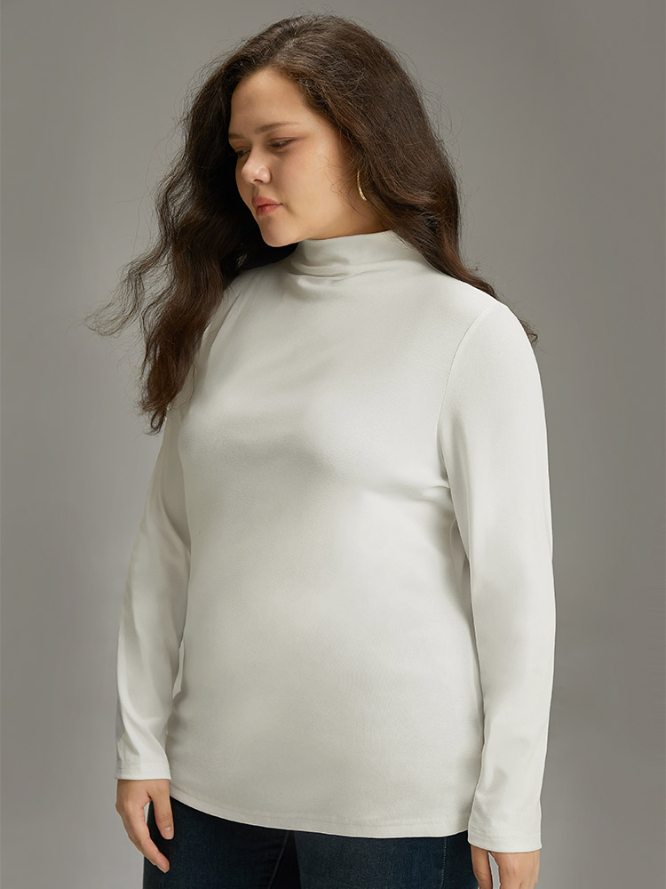 Plus Size Cotton Solid Mock Neck T-shirt White Women Casual Plain Plain Mock Neck Dailywear T-shirts BloomChic 26/4X 
