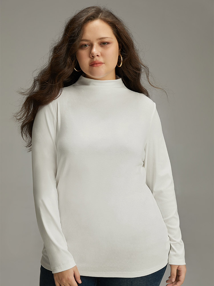 Plus Size Cotton Solid Mock Neck T-shirt White Women Casual Plain Plain Mock Neck Dailywear T-shirts BloomChic 26/4X 