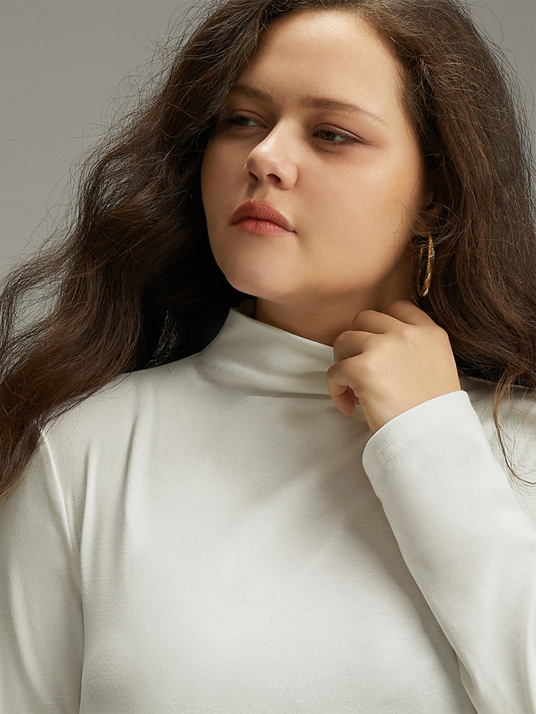 Plus Size Cotton Solid Mock Neck T-shirt White Women Casual Plain Plain Mock Neck Dailywear T-shirts BloomChic 26/4X 