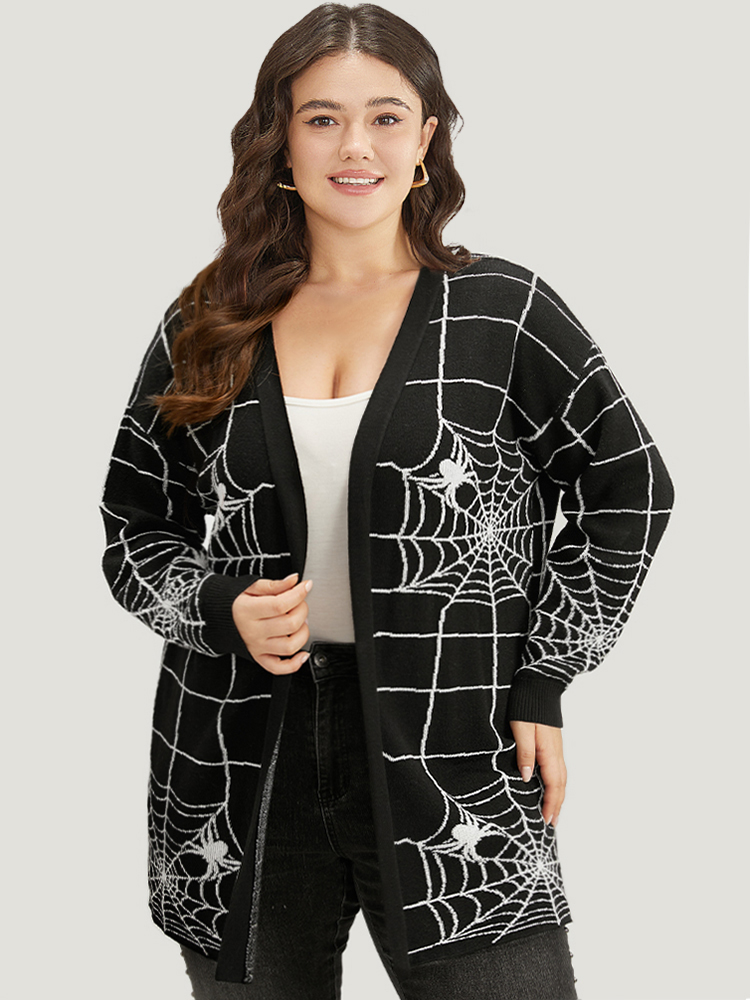 

Plus Size Halloween Supersoft Essentials Spider Web Print Open Front Cardigan Black Women Casual Loose Long Sleeve Festival-Halloween Cardigans BloomChic