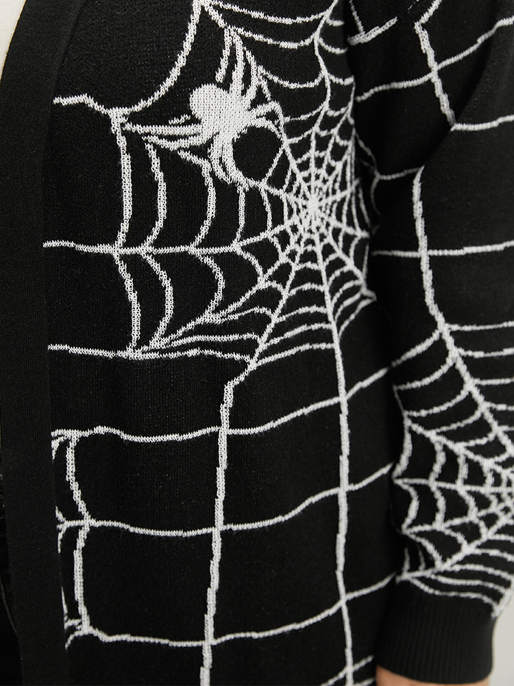 

Plus Size Halloween Supersoft Essentials Spider Web Print Open Front Cardigan Black Women Casual Loose Long Sleeve Festival-Halloween Cardigans BloomChic