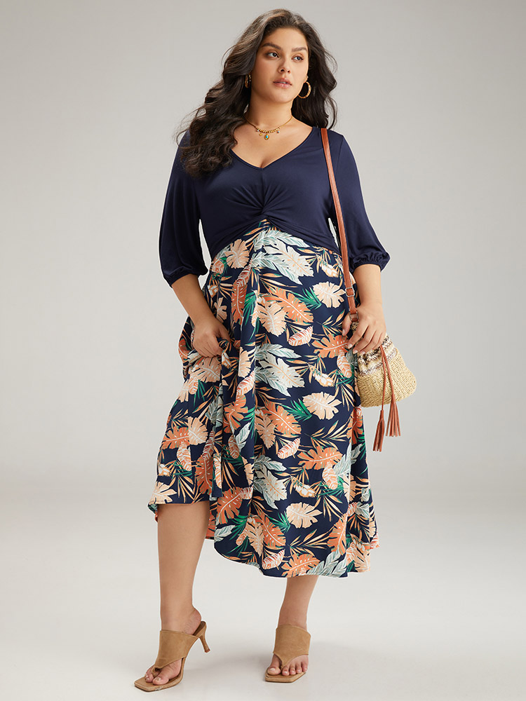 

Plus Size Plants Print Patchwork Twist Front Pocket Dress DarkBlue Women Vacation Elastic cuffs V-neck Half Sleeve Curvy Midi Dress BloomChic