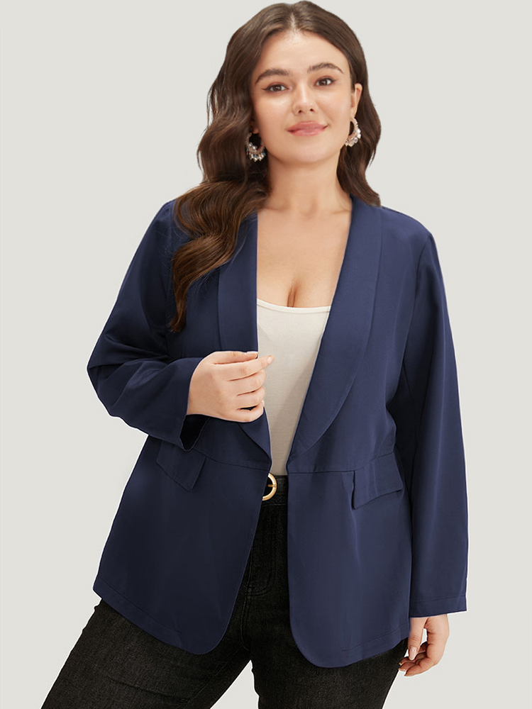 

Plus Size Solid Pocket Suit Collar Blazer DarkBlue Women Dailywear Plain Gathered Sleeve Long Sleeve Suit Collar  Pocket Casual Blazers BloomChic