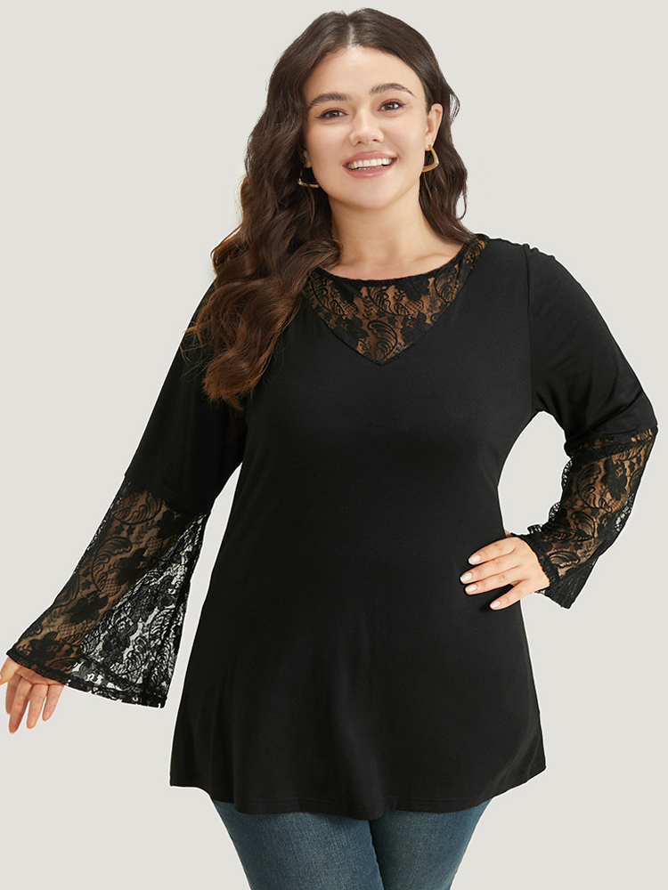 

Halloween Crochet Lace Bell Sleeve Mesh T-shirt, Black