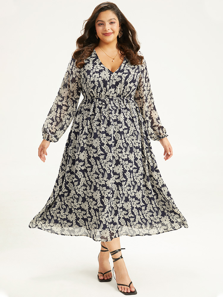 

Plus Size Silhouette Floral Print Lantern Sleeve Dress DarkBlue Women Elegant Elastic cuffs V-neck Long Sleeve Curvy Midi Dress BloomChic