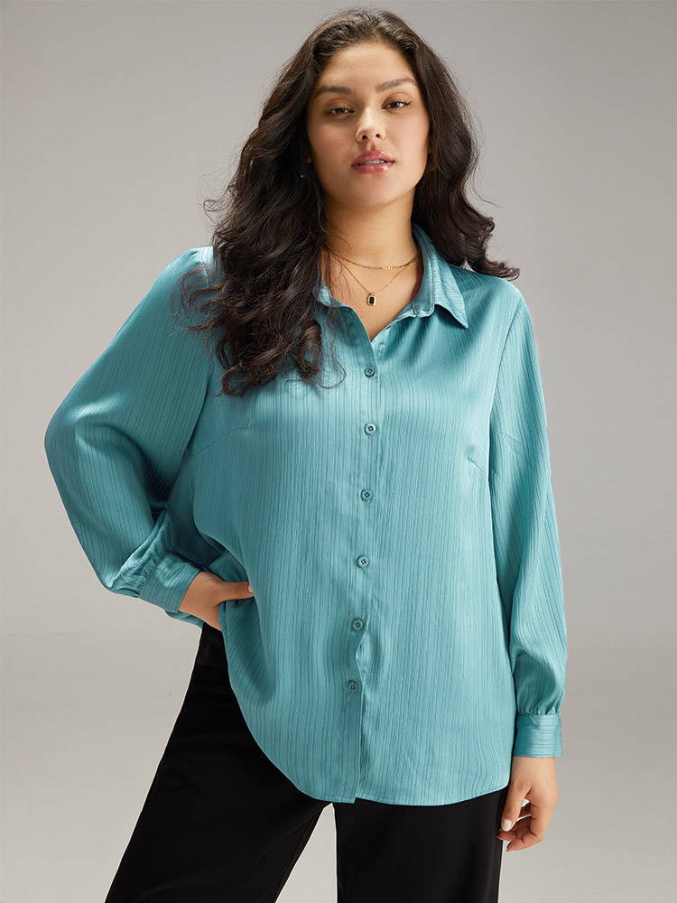

Plus Size Cerulean Anti-Wrinkle Plain Texture Button Through Blouse Women Office Long Sleeve Shirt collar Work Blouses BloomChic