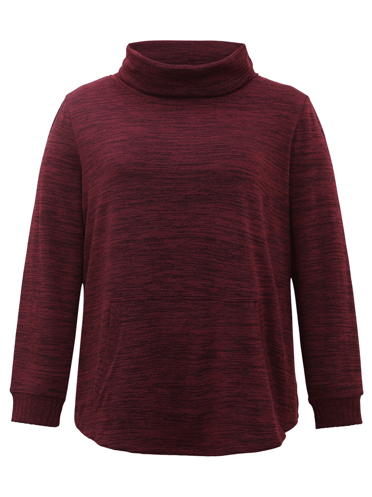 Plus Size Plain Turtleneck Pocket Heather Sweatshirt Women Burgundy Elegant Plain Turtleneck Dailywear Sweatshirts BloomChic 12/L 