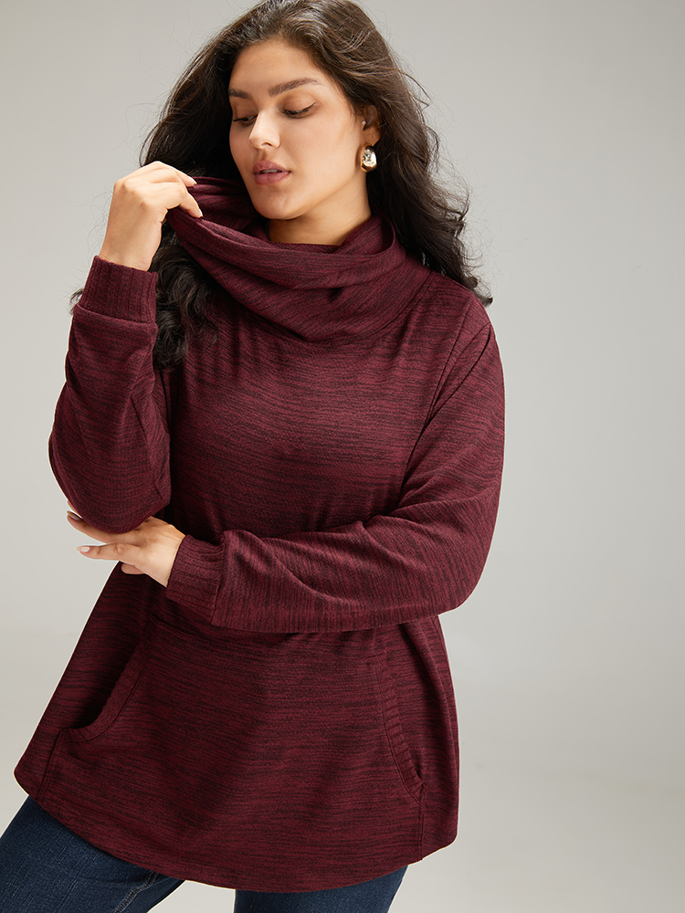Plus Size Plain Turtleneck Pocket Heather Sweatshirt Women Burgundy Elegant Plain Turtleneck Dailywear Sweatshirts BloomChic 12/L 