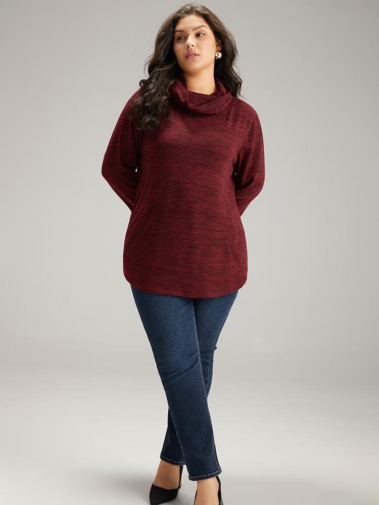 Plus Size Plain Turtleneck Pocket Heather Sweatshirt Women Burgundy Elegant Plain Turtleneck Dailywear Sweatshirts BloomChic 12/L 