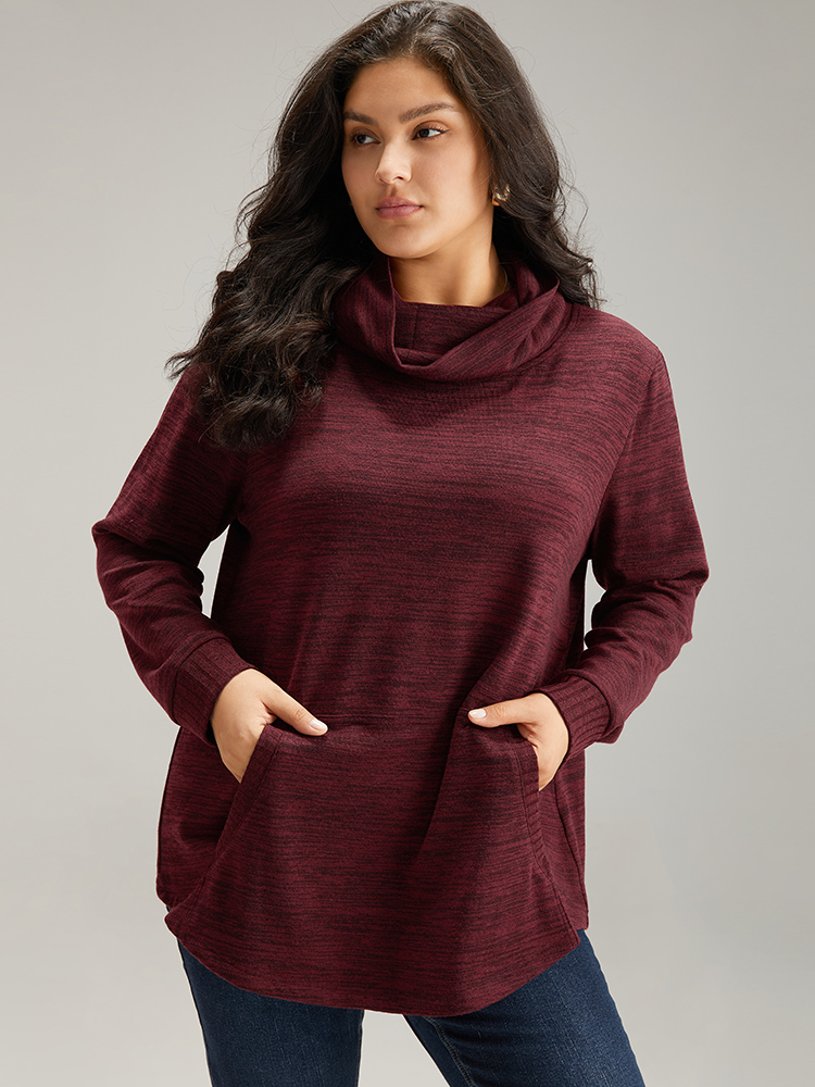 Plus Size Plain Turtleneck Pocket Heather Sweatshirt Women Burgundy Elegant Plain Turtleneck Dailywear Sweatshirts BloomChic 12/L 
