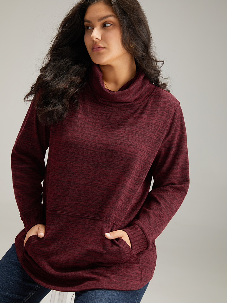Plus Size Plain Turtleneck Pocket Heather Sweatshirt Women Burgundy Elegant Plain Turtleneck Dailywear Sweatshirts BloomChic 12/L 