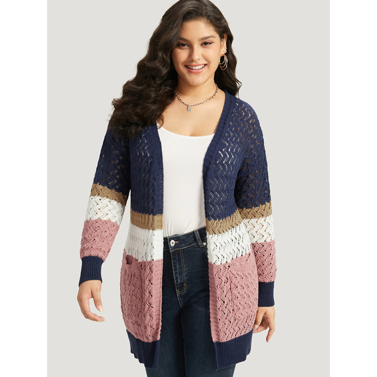 

Plus Size Colorblock Eyelet Patched Pocket Cardigan Multicolor Women Casual Loose Long Sleeve Dailywear Cardigans BloomChic