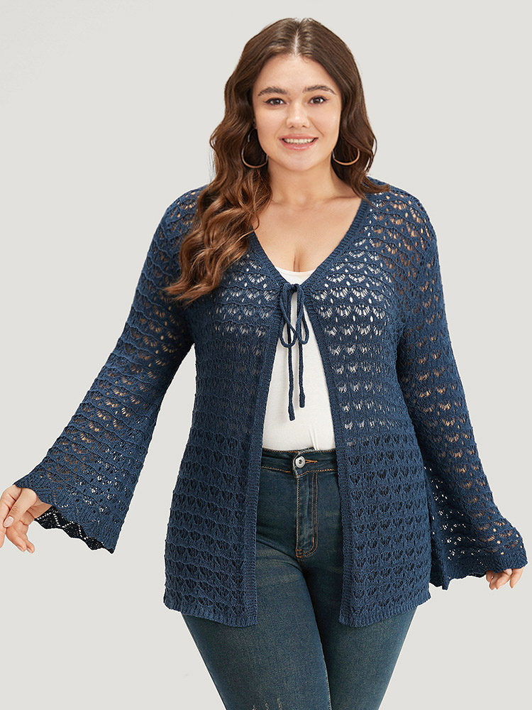 

Plus Size Solid Eyelet Ties Front Bell Sleeve Cardigan Indigo Women Casual Loose Long Sleeve Dailywear Cardigans BloomChic