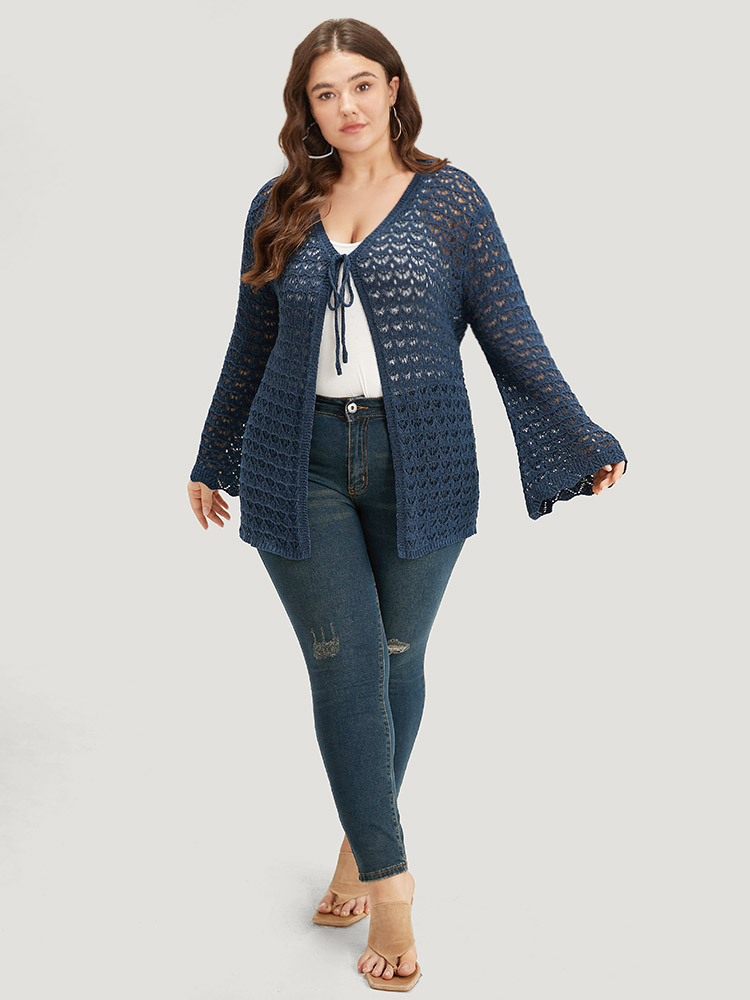 

Plus Size Solid Eyelet Ties Front Bell Sleeve Cardigan Indigo Women Casual Loose Long Sleeve Dailywear Cardigans BloomChic