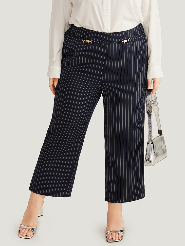 

Plus Size Striped Mid Rise Buckle Detail Pants Women DarkBlue Office Straight Leg Mid Rise Work Pants BloomChic