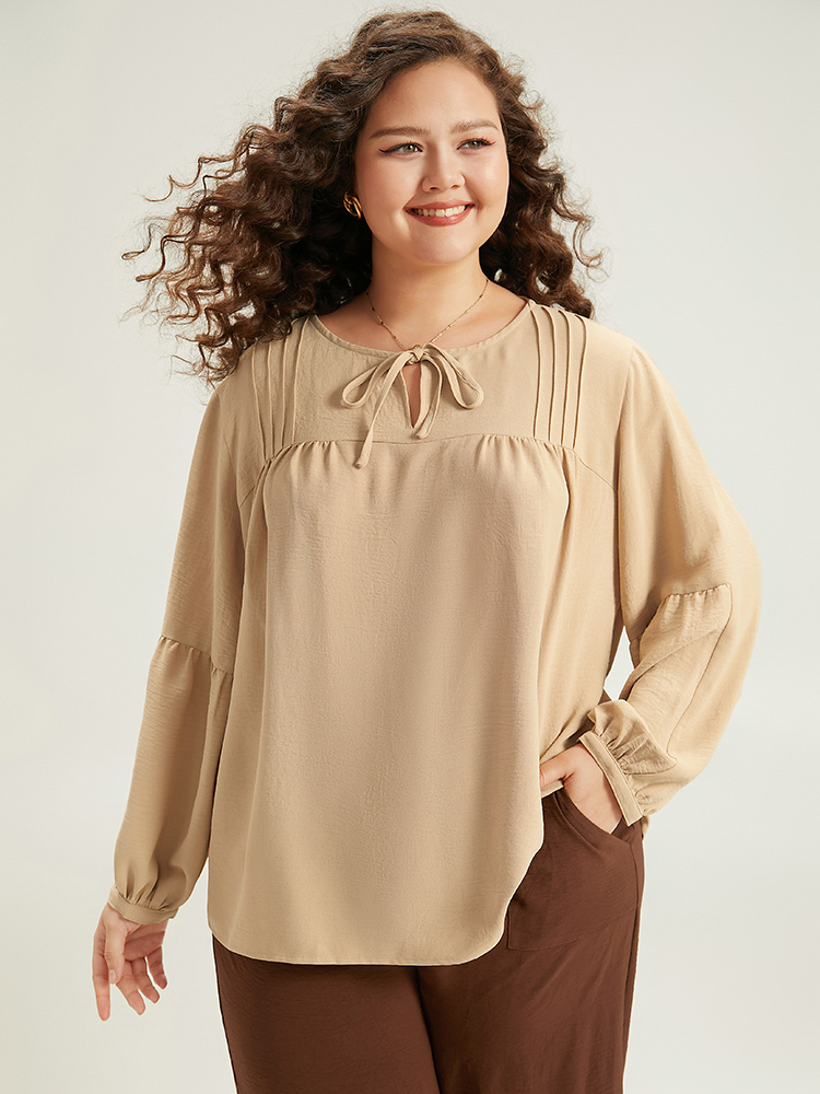 

Solid Tie Neck Pleated Lantern Sleeve Woven Blouse, Lightbrown