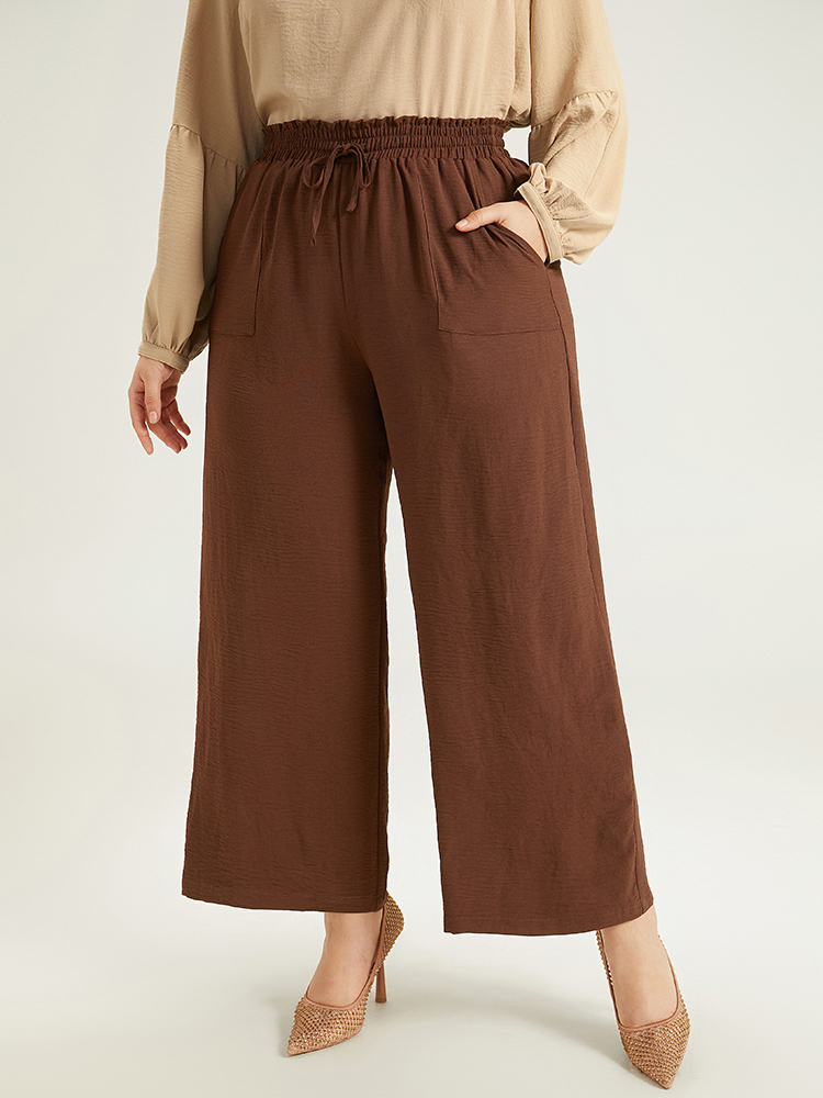 

Solid Paperbag Waist Ties Woven Pants, Darkbrown