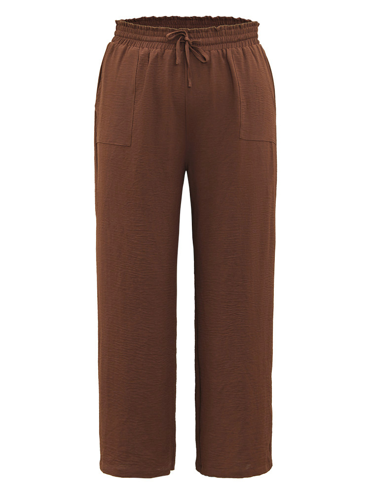 

Solid Paperbag Waist Ties Woven Pants, Darkbrown