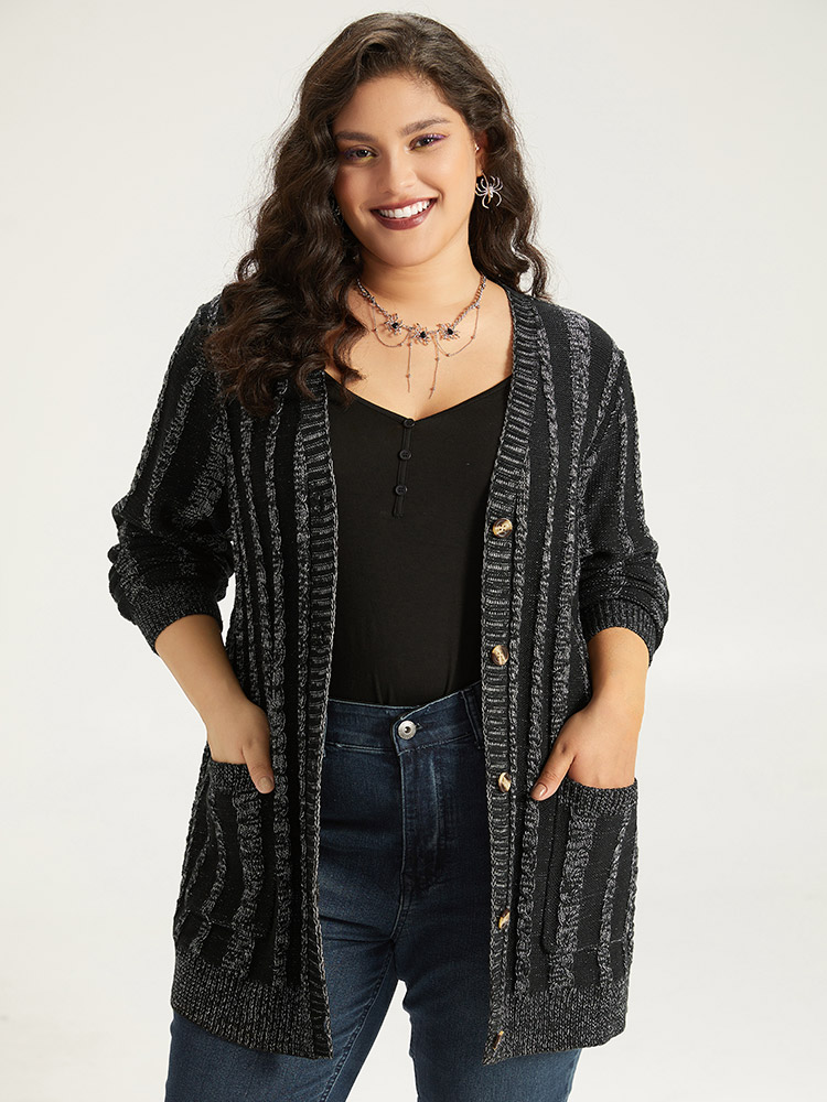 

Plus Size Halloween Striped Patched Pocket Button Up Cardigan Black Women Casual Loose Long Sleeve Festival-Halloween Cardigans BloomChic