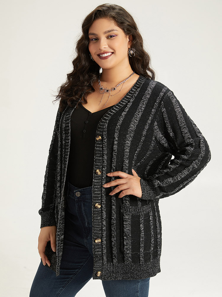 Plus Size Halloween Striped Patched Pocket Button Up Cardigan Black Women Casual Loose Long Sleeve Festival-Halloween Cardigans BloomChic 18-20/2X 