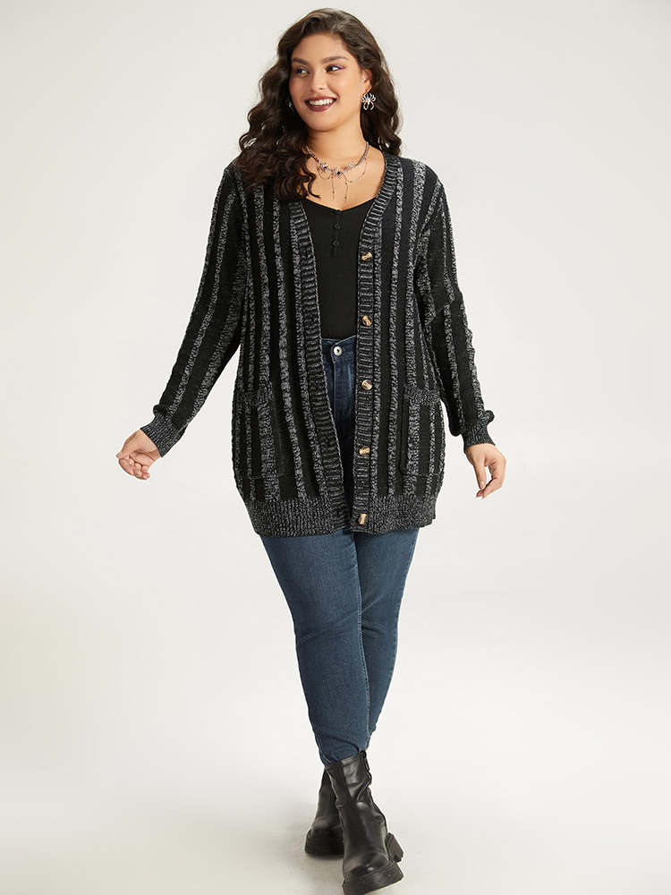Plus Size Halloween Striped Patched Pocket Button Up Cardigan Black Women Casual Loose Long Sleeve Festival-Halloween Cardigans BloomChic 18-20/2X 
