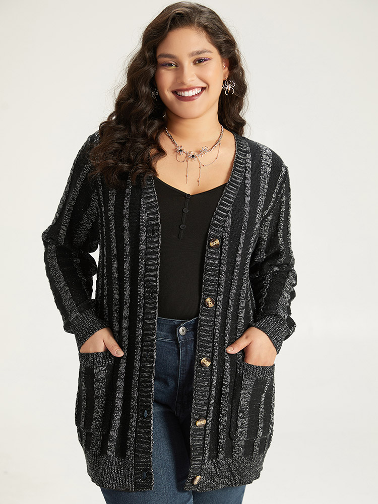 Plus Size Halloween Striped Patched Pocket Button Up Cardigan Black Women Casual Loose Long Sleeve Festival-Halloween Cardigans BloomChic 18-20/2X 